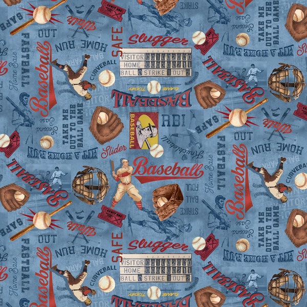 Vintage Baseball All Over On Blue Woven Cotton Fabric Priced By The HALF Yard From Timeless Treasures BRAND NEW, Please See The Description!