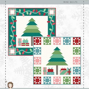 May include: A quilt pattern for a Christmas-themed quilt called "Presents & Pine". The pattern features a green Christmas tree with presents underneath and a border of red lights. The finished quilt size is 25 inches by 25 inches.