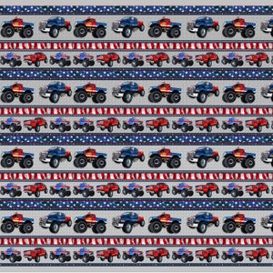 Patriotic Monster Trucks Border Stripes On Silver Cotton Fabric Priced By The HALF Yard From Henry Glass & Co. NEW, Please See Description!