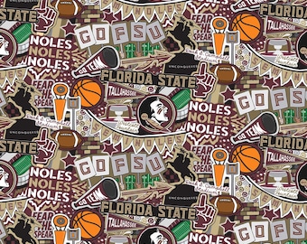May include: A maroon and gold patterned fabric with a repeating design of Florida State Seminoles logos, slogans, and imagery. The design includes the words "Florida State", "Tallahassee", "Noles", "Go FSU", "Fear the Spear", "Unconquered", and "Westcott Fountain".