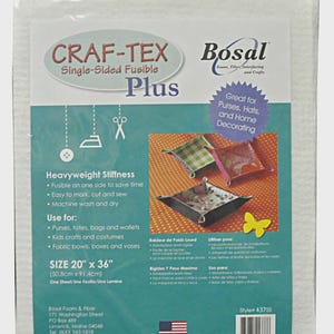 May include: White Craf-Tex single-sided fusible interfacing by Bosal. The package is labeled "Plus" and is 20" x 36" (50.8cm x 91.4cm). It is designed for purses, hats, home decorating, and crafts.