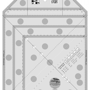 May include: A black and white diagram for a Hunter's Star Trim Tool quilting project. The diagram includes measurements in inches and instructions for cutting fabric pieces. The diagram is labeled with the letters A, B, and C, and includes a QR code.
