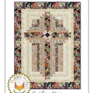 May include: A quilt pattern featuring a cross design with a floral border. The quilt is made up of various shades of brown, beige, and pink. The text "QuiltFOX Design" and "Guiding Star" is visible in the image. The size of the quilt is 55 inches by 66 inches.