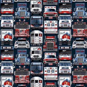 May include: A seamless pattern featuring various vehicles in red, white, and blue colors, including a fire truck, police car, ambulance, delivery truck, and a bus. The vehicles are arranged in a repeating pattern on a dark blue background.