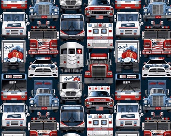 Patriotic Essential Vehicles On Blue Cotton Fabric, From Studio E Fabrics, Priced By The HALF Yard BRAND NEW, Please See Description!