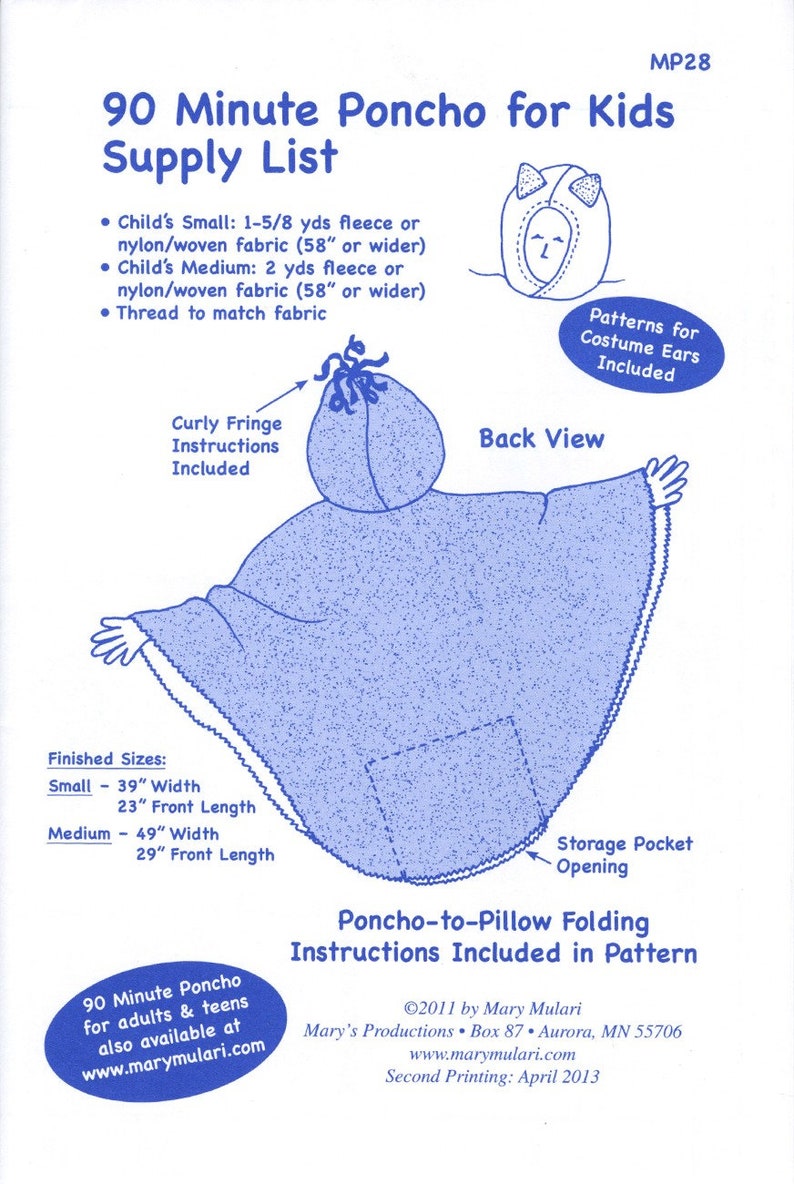 90 Minute Poncho For Kids Sewing Pattern From Mary Mulari Designs Productions NEW, Please See Description and Pictures For More Information image 2