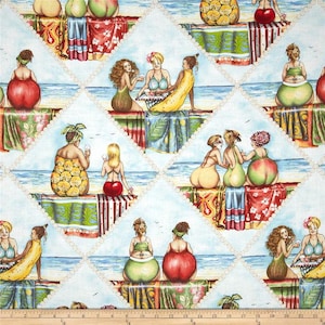 May include: Fabric with a repeating pattern of stylized figures resembling fruits on a beach. The figures are depicted in various colors and poses, with a beach and ocean background. The fabric has a light blue background with a white lace-like border.