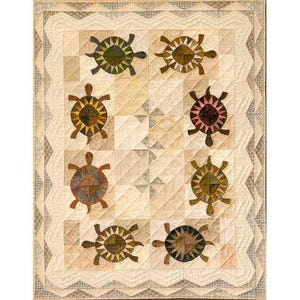 May include: A beige quilt with a white border and a repeating pattern of colorful turtle designs. The turtles are in various shades of brown, green, red, and orange.