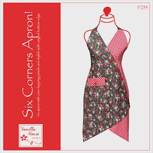 May include: A stylish apron with a floral pattern and red gingham accents. The apron features a split-angled bottom edge, red buttons, and a pocket. The text "Six Corners Apron!" is displayed on the left side.