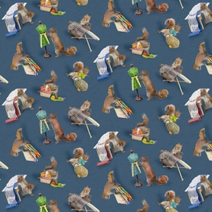 May include: A repeating pattern on a dark blue background featuring squirrels engaged in various activities, including standing by green dress forms, working with sewing supplies, holding baskets of colorful yarn, and interacting with fabric bolts.