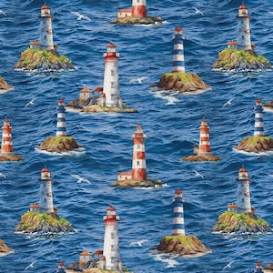 May include: A repeating pattern of watercolor-style lighthouses on rocky islands in a deep blue sea. The lighthouses vary in design, with red, white, and blue stripes and accents. White seagulls fly above the waves, creating a nautical theme.