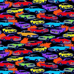 Bright Colored Large Muscle Cars All Over On Black Cotton Fabric, From Timeless Treasures Priced By The HALF Yard BRAND NEW
