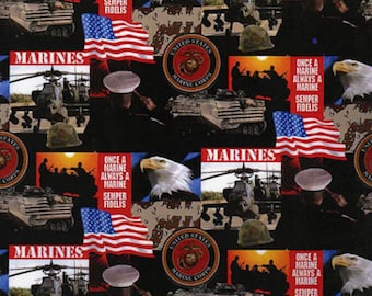 U.S. Marines Military All Over On Cotton Fabric Priced By The HALF Yard, From Sykel Enterprises NEW