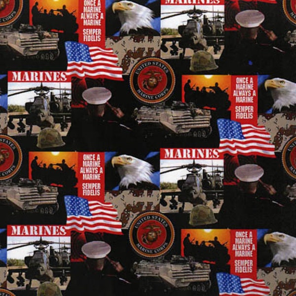 U.S. Marines Military All Over On Cotton Fabric Priced By The HALF Yard, From Sykel Enterprises NEW