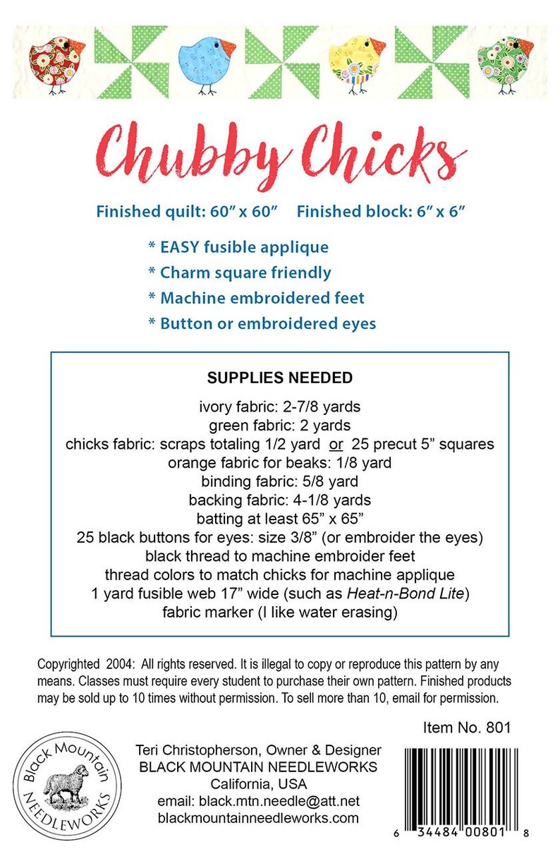 Chubby Chicks Quilt Quilting Pattern, From Black Mountain Needle Works ...