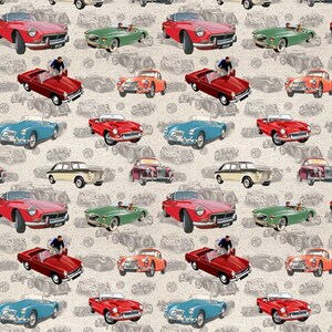 MG British Motor Cars All Over On Cream Cotton Fabric, From Michael Miller Fabrics Priced By The HALF Yard NEW, Please See Description