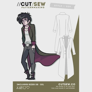 May include: A sewing pattern for a long coat, labeled //CUT/SEW PATTERNMAKING STYLE // 039. The illustration shows a character wearing a dark coat with a purple lining, a white shirt, and gray pants. Technical line drawings of the coat are included.