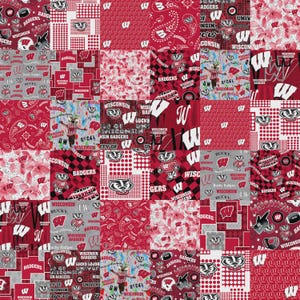 May include: A patchwork design featuring various red and white squares with Wisconsin Badgers logos, text, and patterns. The design includes the team's mascot, the letter "W", and other related imagery. The overall theme is collegiate sports.