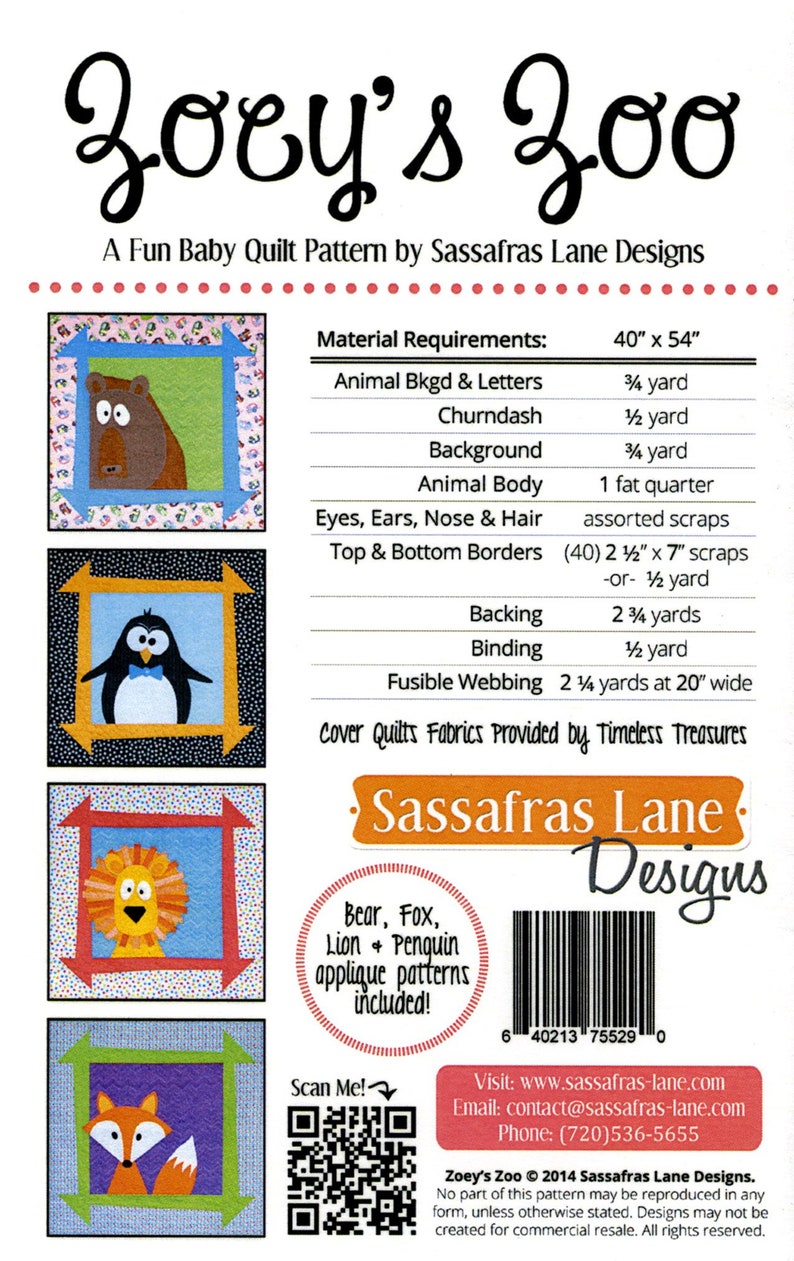 Zoey's Zoo, A Baby Quilt Quilting Pattern By Sassafras Lane Designs BRAND NEW, Please See Description and Pictures For More Information image 2