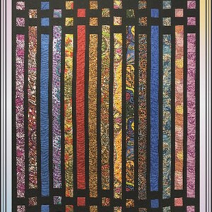 May include: A quilt titled "Continuity" with a black background and vertical strips of various patterned fabrics in colors like red, blue, and purple. The quilt is labeled as suitable for table toppers, laps, and twin sizes. The text "Strip friendly fun!" is also included.