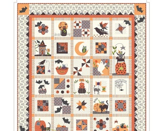 May include: A quilt pattern featuring a spooky Halloween theme with black cats, pumpkins, bats, ghosts, and owls. The quilt is made up of a variety of fabrics in orange, black, gray, and white. The quilt is titled "Spooky Halloween".