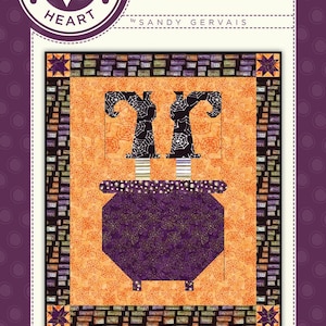 May include: A quilt pattern featuring a purple cauldron with two witches' legs and hats, set against an orange background with a spiderweb pattern. The pattern is titled "Oops!" and is number 830 in the "Pieces From My Heart" collection by Sandy Gervais.