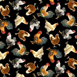 Chickens and Roosters On Black Woven Cotton Fabric Priced By The HALF Yard From Timeless Treasures NEW, Please See The Description!