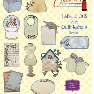 May include: A set of 12 embroidery designs for quilt labels. The designs include a beehive, a graduation cap, a birdhouse, a pair of mittens, a snowman in a snow globe, a gift box, a baby bib, a dress form, a brick wall with vines, and a wedding label. The designs are all in a vintage style and are perfect for adding a personal touch to your quilts. Minimum hoop size is 6 inches wide by 10 inches long.