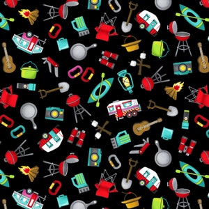May include: A black background is covered with camping-themed illustrations. The design includes a red and white camper, a campfire, a kayak, a guitar, a grill, a lantern, and other camping essentials.