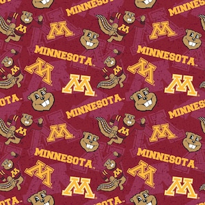 May include: A maroon fabric with a repeating pattern of a cartoon gopher wearing a maroon sweater with a gold "M" on it. The gopher is running and has a gold tail. The fabric also has a repeating pattern of the word "MINNESOTA" in gold letters and a gold "M" with a gold outline.