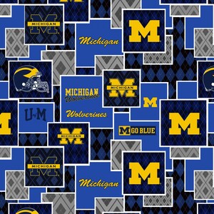 NCAA University Of Michigan Wolverines Argyle Boxes Cotton Fabric Priced By The HALF Yard, From Sykel Enterprises NEW, See The Description!