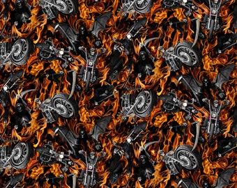 Reaper Skeletons On Motorcycles With Flames Cotton Fabric Priced By The HALF Yard From Timeless Treasures NEW, Please See The Description!