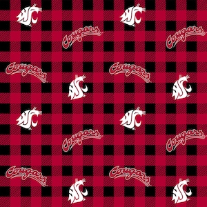 Sold Any Length, The Washington State University Cougars Buffalo Plaid Cotton Fabric Priced By The HALF Yard, From Sykel Enterprises NEW