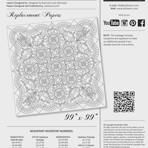 May include: A Quiltworx Pocket Full of Posies replacement paper pattern featuring a black and white line drawing of a 99 inch by 99 inch quilt design with floral and geometric motifs, including inventory numbers and a QR code for reference.