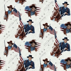 May include: A repeating pattern featuring a cowboy riding a horse with an American flag in the background. The cowboy is wearing a blue shirt, brown pants, and a cowboy hat. The horse is brown and white. The pattern is repeated throughout the image.