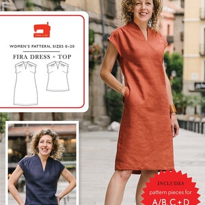 May include: A sewing pattern for a dress and top, called "Fira Dress + Top", for women's sizes 0-20. The pattern includes pieces for A/B, C + D cup sizes.