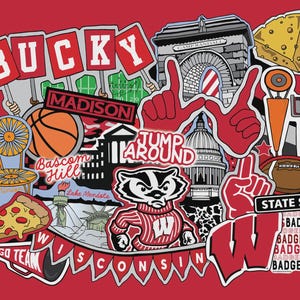 May include: A collage of Wisconsin Badgers themed graphics on a red background. Includes the word "BUCKY" on signs, a basketball, a badger mascot, and the words "MADISON" and "WISCONSIN". Also features a football and a slice of pizza.