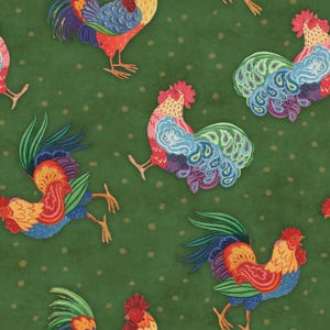 May include: A repeating pattern of colorful roosters on a dark green background with small gold dots. The roosters feature intricate designs in red, blue, yellow, and green, creating a vibrant and eye-catching textile design.