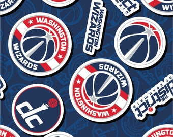 NBA Basketball Washington Wizards Sticker Toss Woven Cotton Fabric Priced By The HALF Yard, From Camelot Fabrics NEW, Please See Description