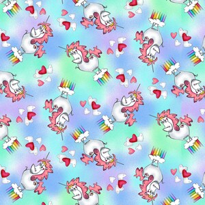 May include: A seamless pattern featuring a whimsical unicorn with a rainbow mane and tail. The unicorn is holding a rainbow and is surrounded by hearts on a light blue background.
