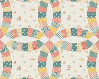 May include: A repeating pattern featuring a quilt design with curved, segmented bands in shades of coral, yellow, teal, and white. The design includes floral and geometric patterns, with small floral accents scattered across the white background.