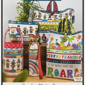 May include: A collection of fabric bags with colorful patterns. The bags include a large tote with a dinosaur theme, a tote with sports figures, a round bucket, and a drink carrier. The text "Border Stripe Bags" and "ROAR" are visible.