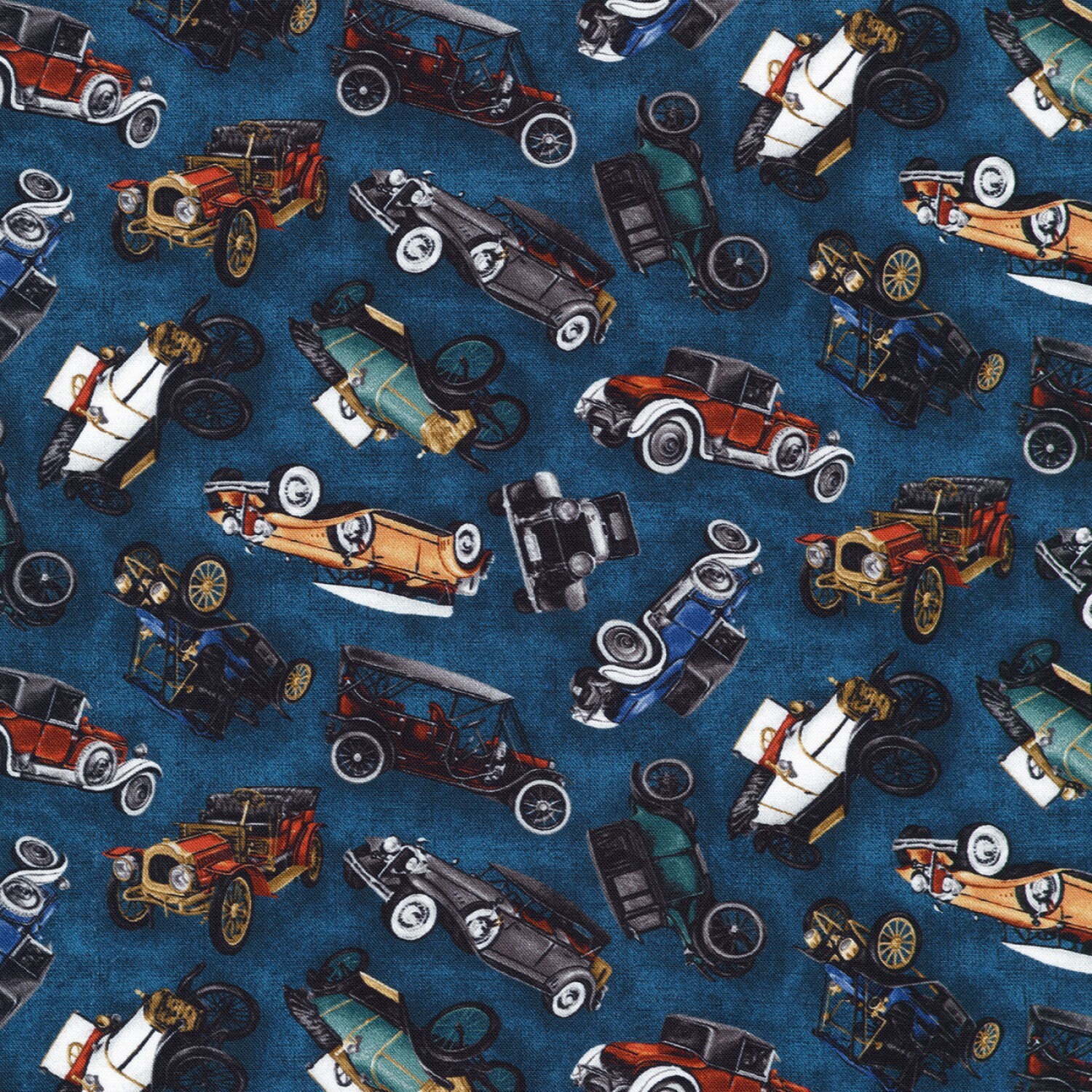 On the Road Vintage Classic Cars on Indigo Blue Woven Cotton Fabric