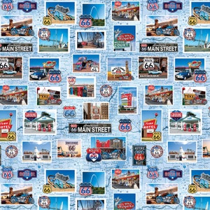 Route 66 Landmarks Map Vintage Cars On Blue Woven Cotton Fabric Priced By The HALF yard, From Kanvas, By Benartex NEW, See Description!