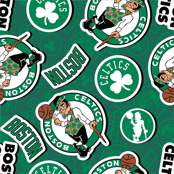 NBA Basketball Boston Celtics Sticker Toss Woven Cotton Fabric Priced By The HALF Yard, From Camelot Fabrics NEW, Please See Description