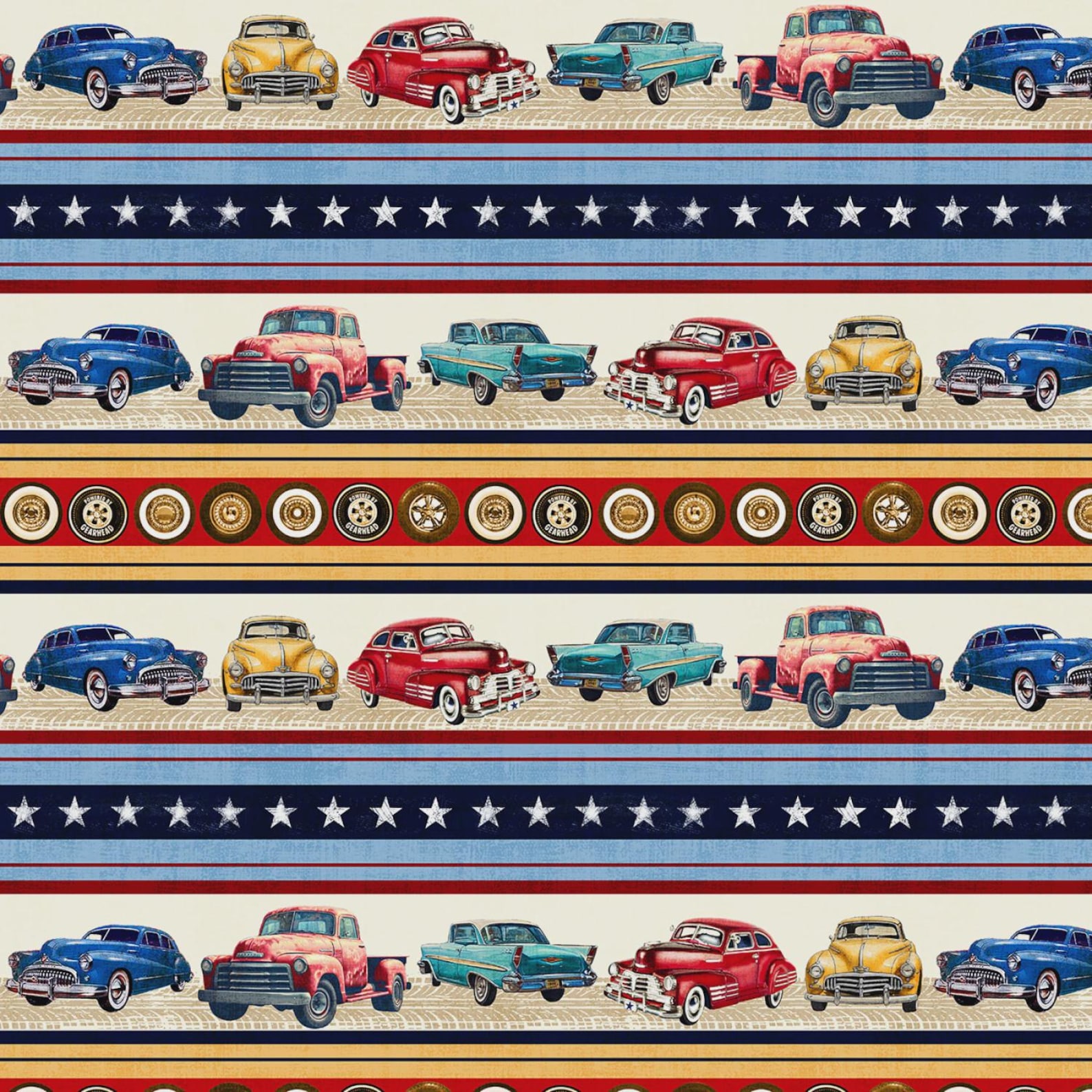 Classic Cars Stripe Border on Woven Cotton Fabric, From Michael Miller ...