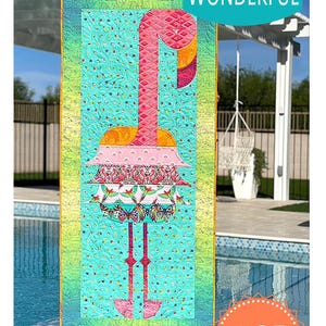 May include: A colorful quilt pattern featuring a pink flamingo with a turquoise, pink, and white patterned body. The quilt is framed with a yellow border and the text "Dreamy Dan" is printed below. The text "Sew Kind of WONDERFUL" and "WCR Pattern" are also visible in the image.