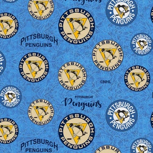 May include: A blue and yellow repeating pattern featuring the Pittsburgh Penguins NHL hockey team logo. The logo features a penguin skating with a hockey stick. The text "Pittsburgh Penguins" is repeated throughout the pattern.