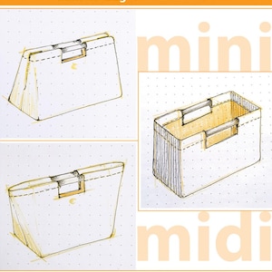 May include: Hand-drawn sketches of two different sized tote bags, labeled "mini" and "midi". The bags are both rectangular with a top handle and a flap closure. The mini bag is 11 inches wide by 9 inches high by 5 inches deep. The midi bag is 13 inches wide by 11 inches high by 7 inches deep. The text "Orange dot Quilts" and "Mini "H" Bag" is also included in the image.