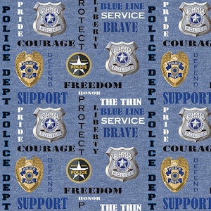 Police Department Badges and Shields On Blue Woven Cotton Fabric Priced By The HALF Yard, From Sykel Enterprises NEW, Please See Description